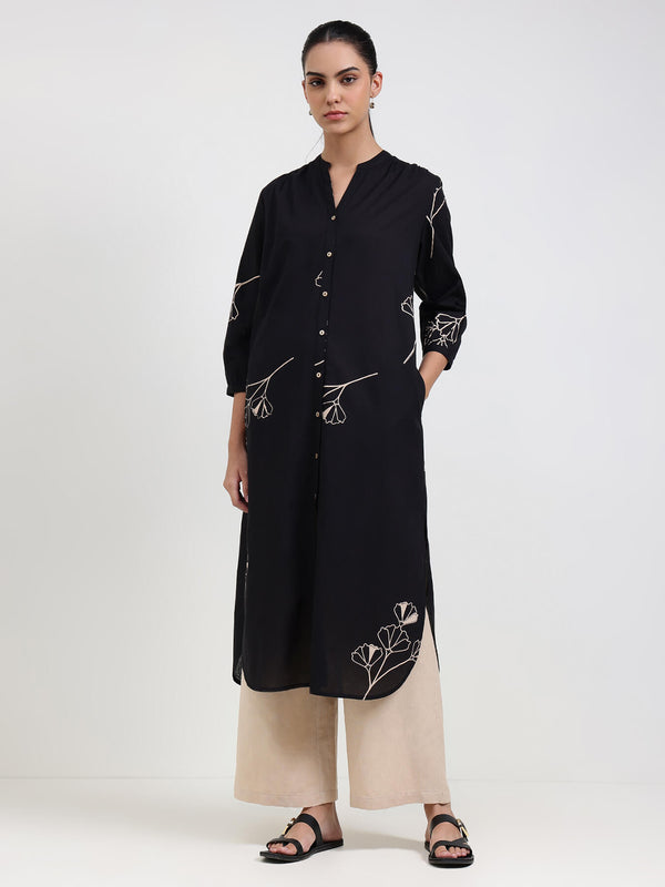 Cotton Floral Straight Kurta - Black