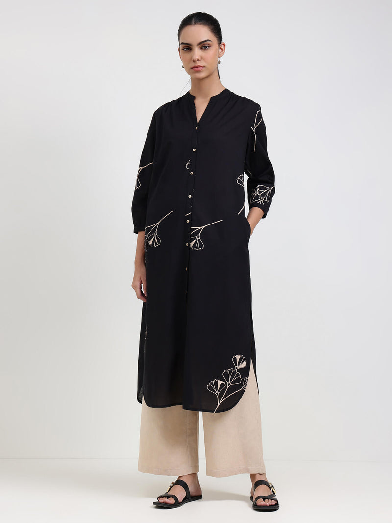 Cotton Floral Straight Kurta - Black