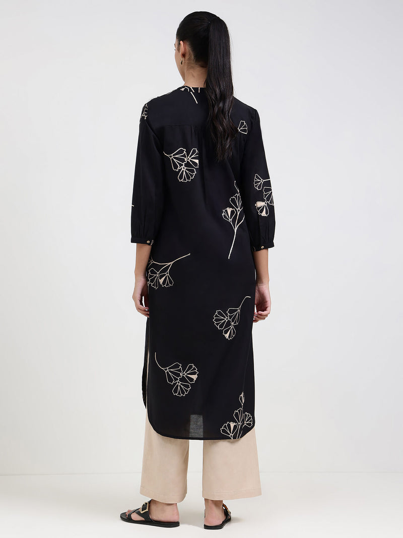 Cotton Floral Straight Kurta - Black