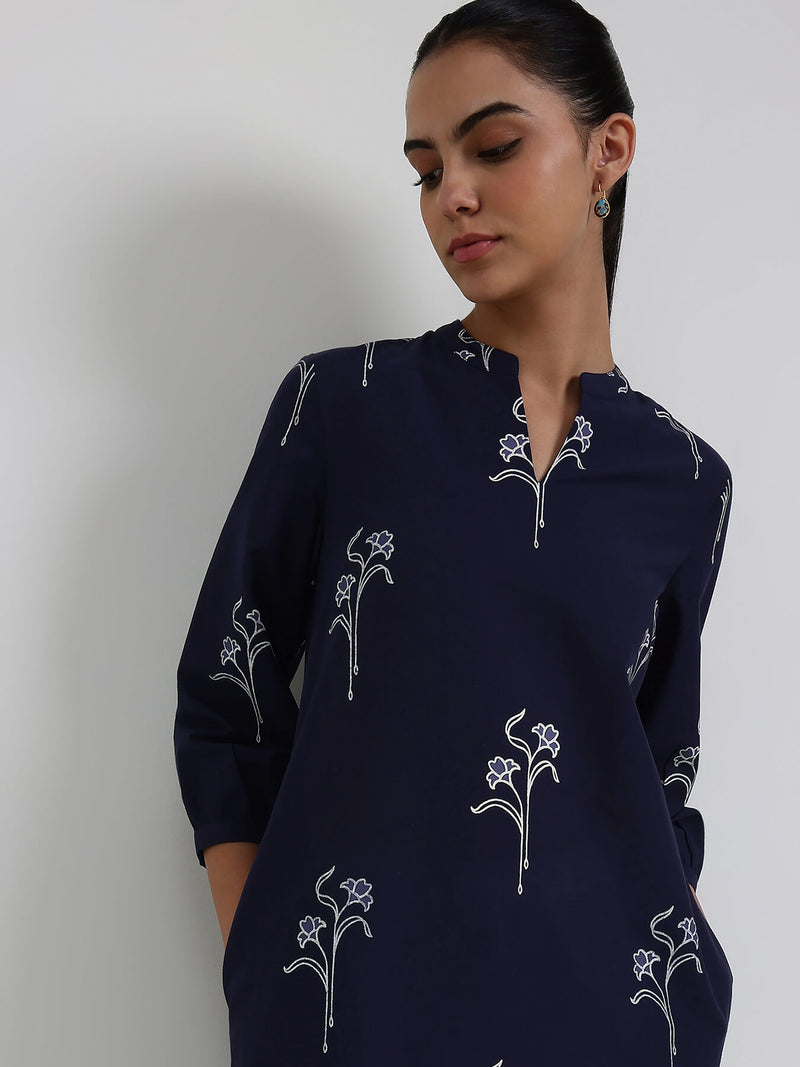 Cotton Floral Straight Kurta - Navy Blue