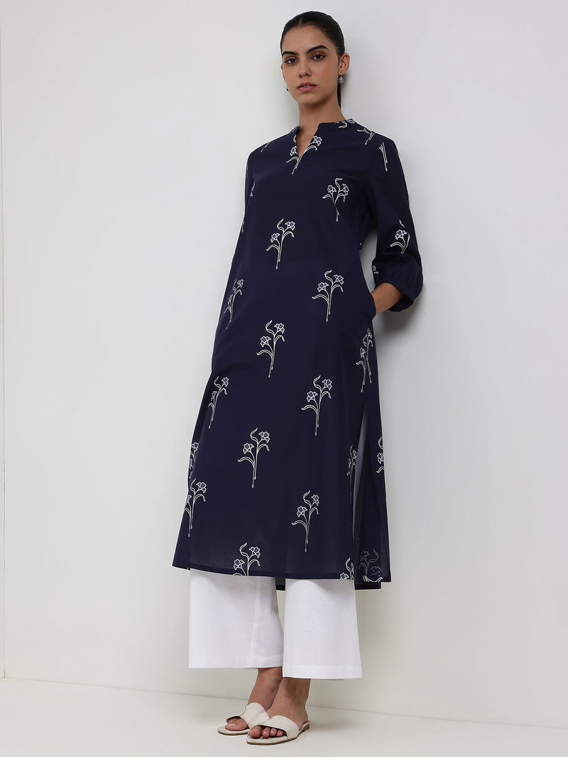 Cotton Floral Straight Kurta - Navy Blue