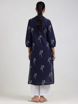 Cotton Floral Straight Kurta - Navy Blue