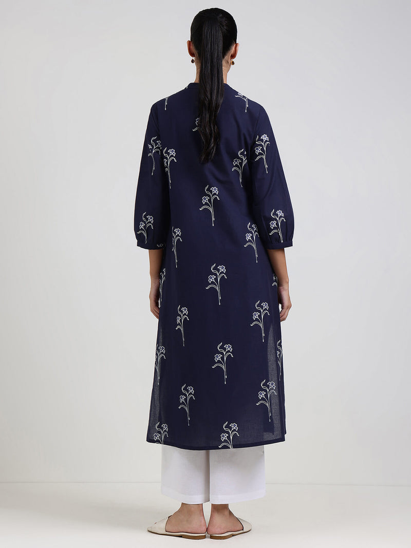 Cotton Floral Straight Kurta - Navy Blue