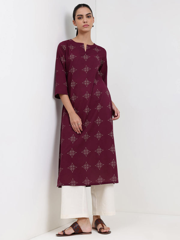 Cotton Floral Straight Kurta - Magenta
