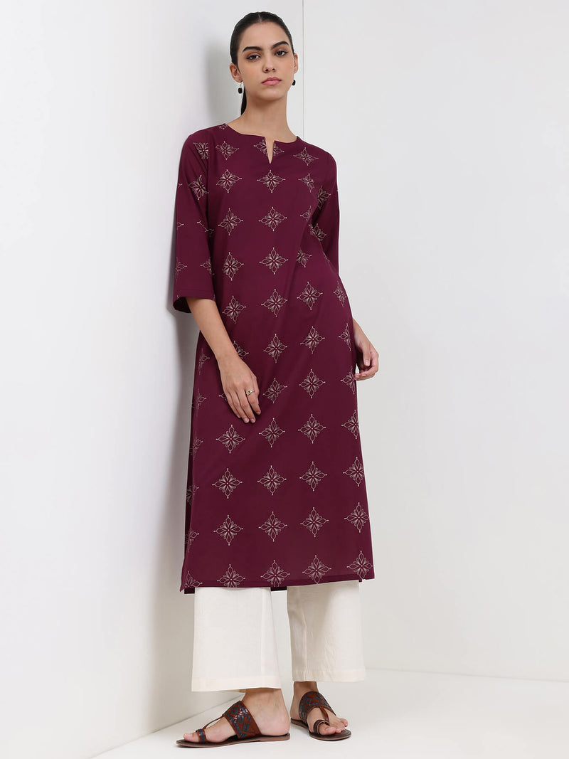 Cotton Floral Straight Kurta - Magenta