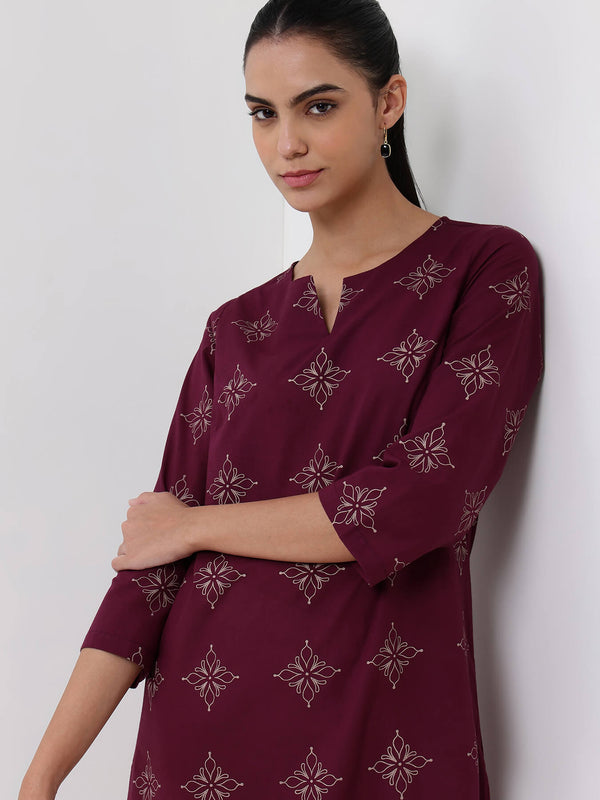 Cotton Floral Straight Kurta - Magenta