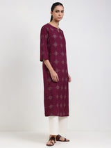Cotton Floral Straight Kurta - Magenta