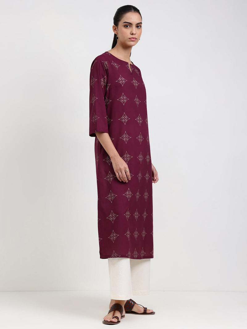 Cotton Floral Straight Kurta - Magenta