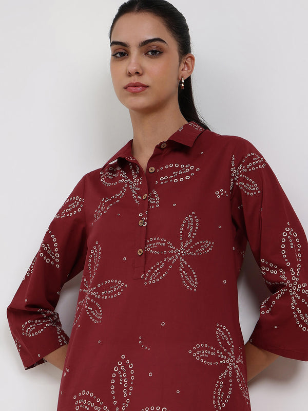 Cotton Bandhani Floral Shirt Kurta - Rust