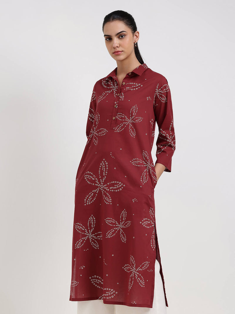 Cotton Bandhani Floral Shirt Kurta - Rust