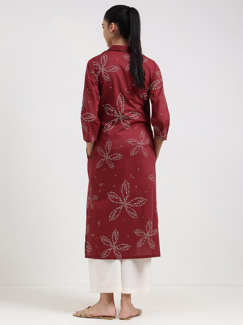 Cotton Bandhani Floral Shirt Kurta - Rust