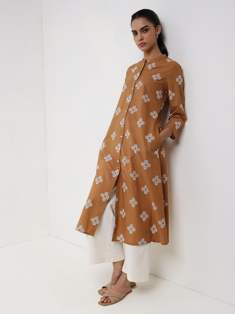 Cotton Floral Flared Kurta - Yellow