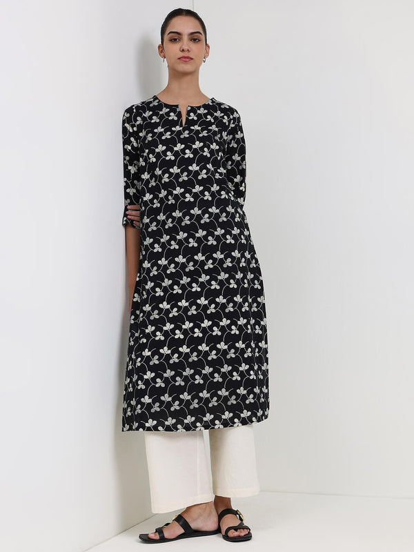Cotton Floral Straight Kurta - Black