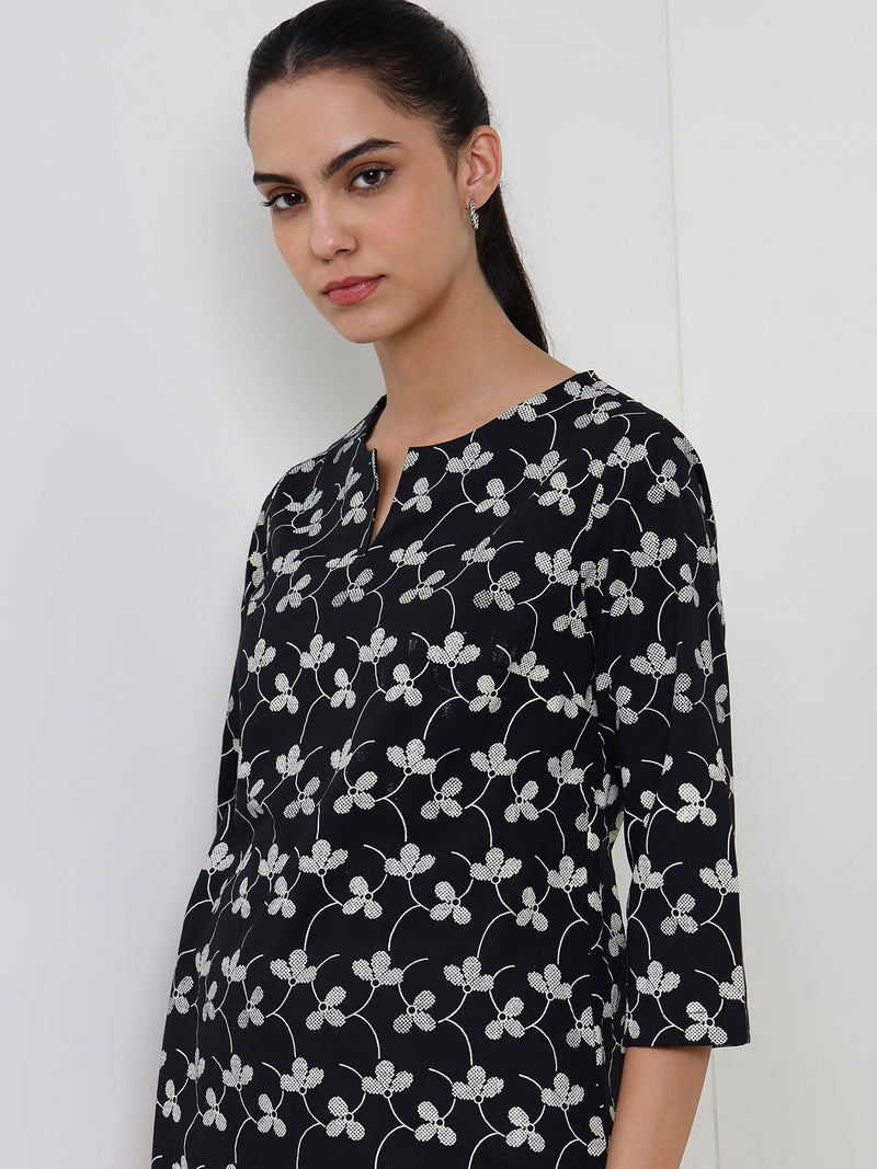 Cotton Floral Straight Kurta - Black