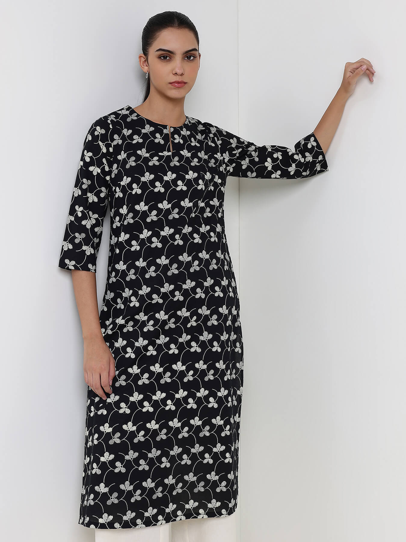 Cotton Floral Straight Kurta - Black