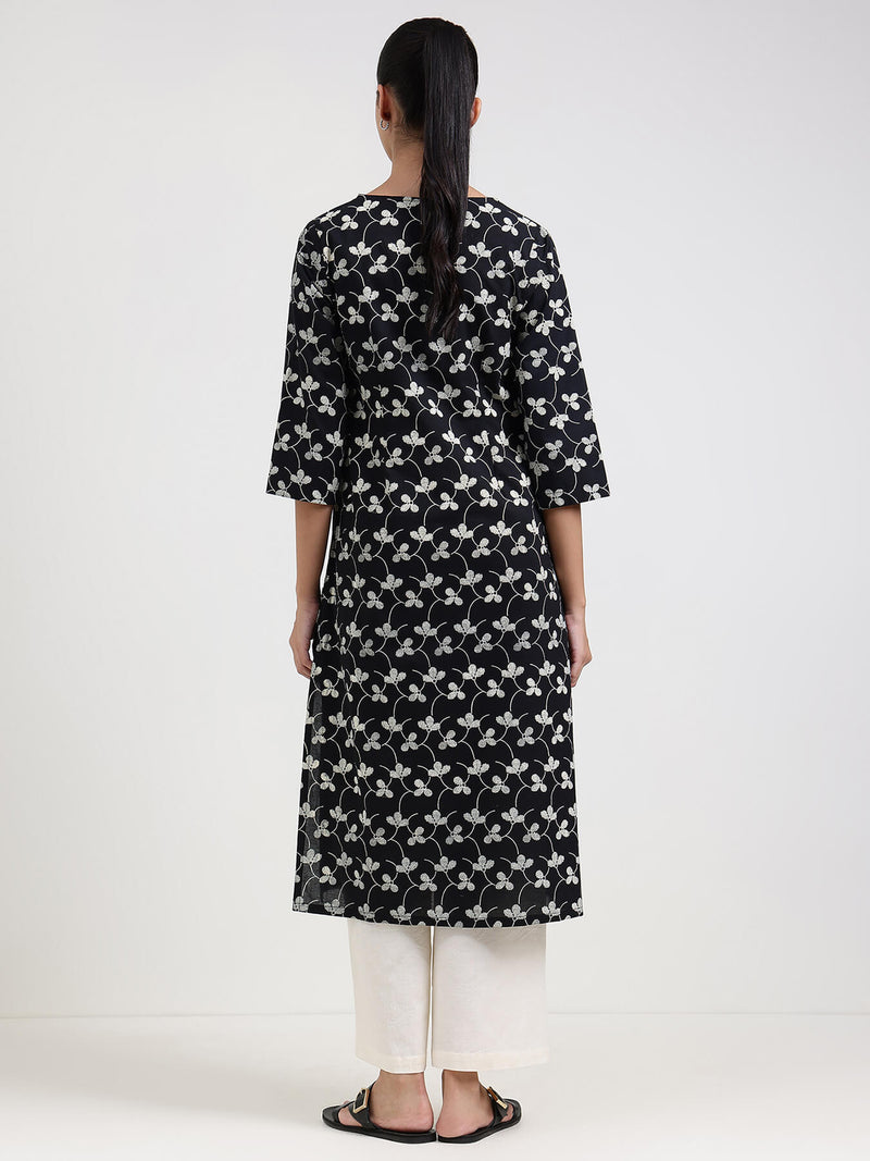 Cotton Floral Straight Kurta - Black