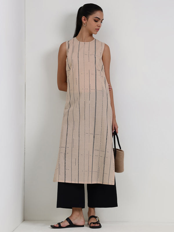 Cotton Striped Sleeveless Kurta - Beige