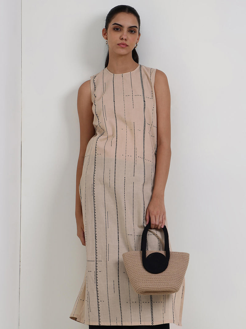 Cotton Striped Sleeveless Kurta - Beige