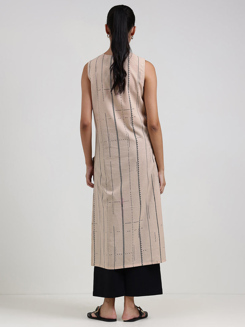 Cotton Striped Sleeveless Kurta - Beige