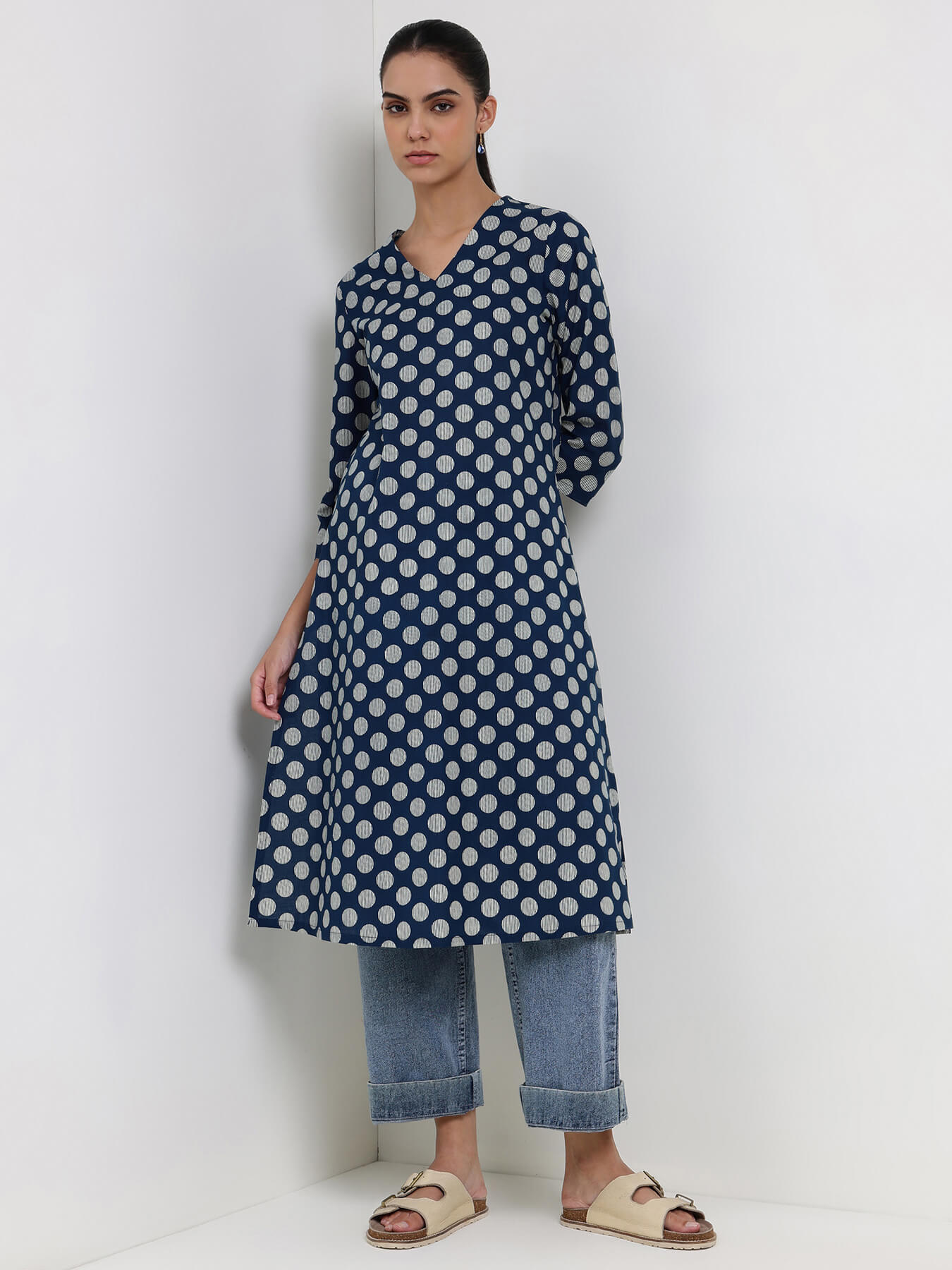 Cotton Geometric Straight Kurta - Blue