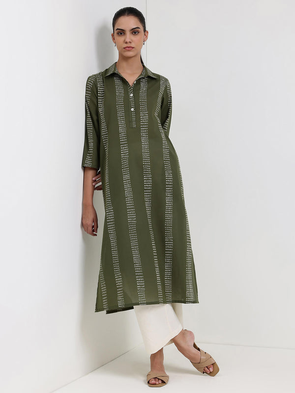 Cotton Striped Straight Kurta - Green