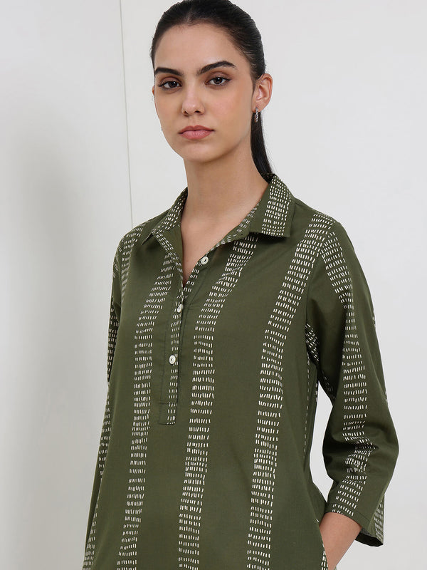 Cotton Striped Straight Kurta - Green