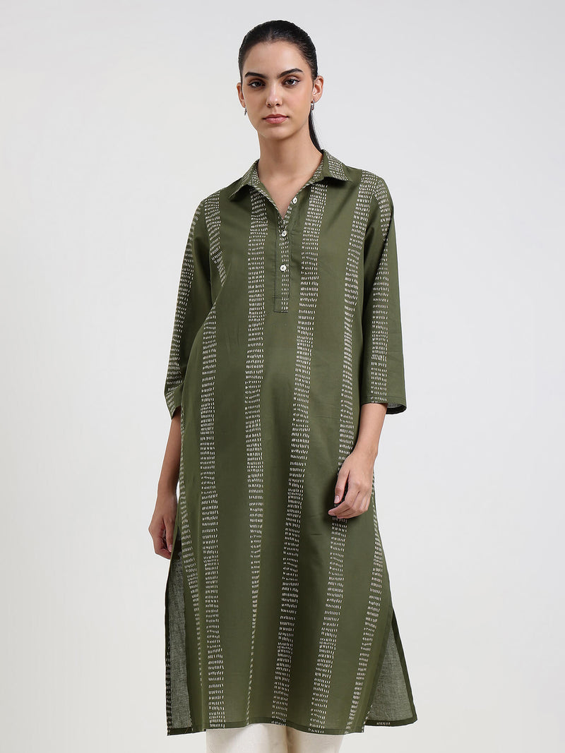 Cotton Striped Straight Kurta - Green