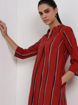 Cotton Striped Straight Kurta - Red