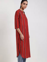 Cotton Striped Straight Kurta - Red