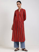 Cotton Striped Straight Kurta - Red