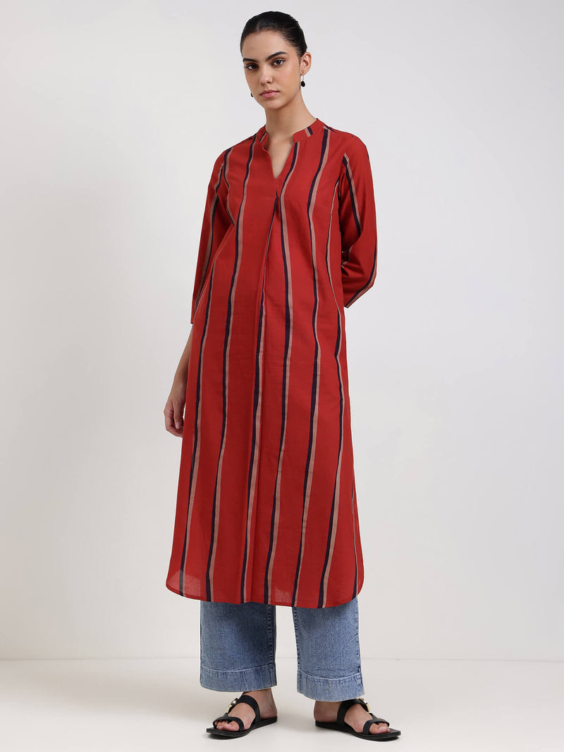 Cotton Striped Straight Kurta - Red
