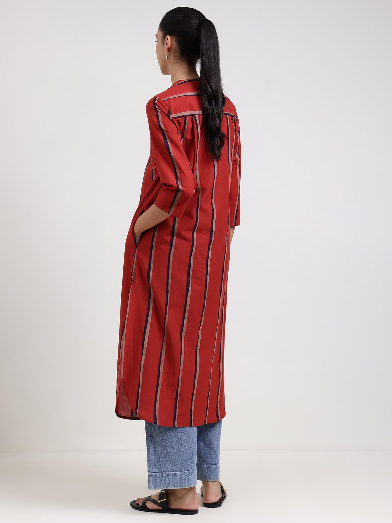 Cotton Striped Straight Kurta - Red