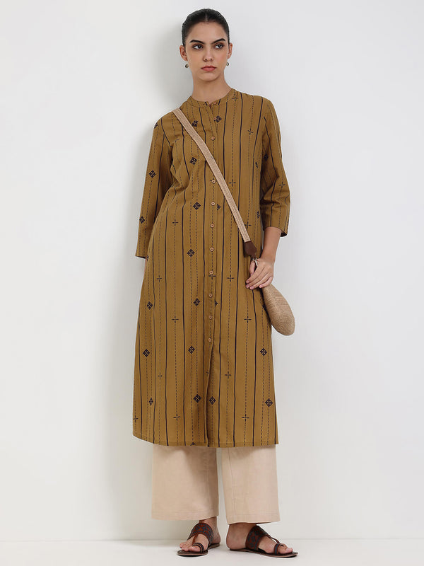 Cotton Striped Flared Kurta - Mustard