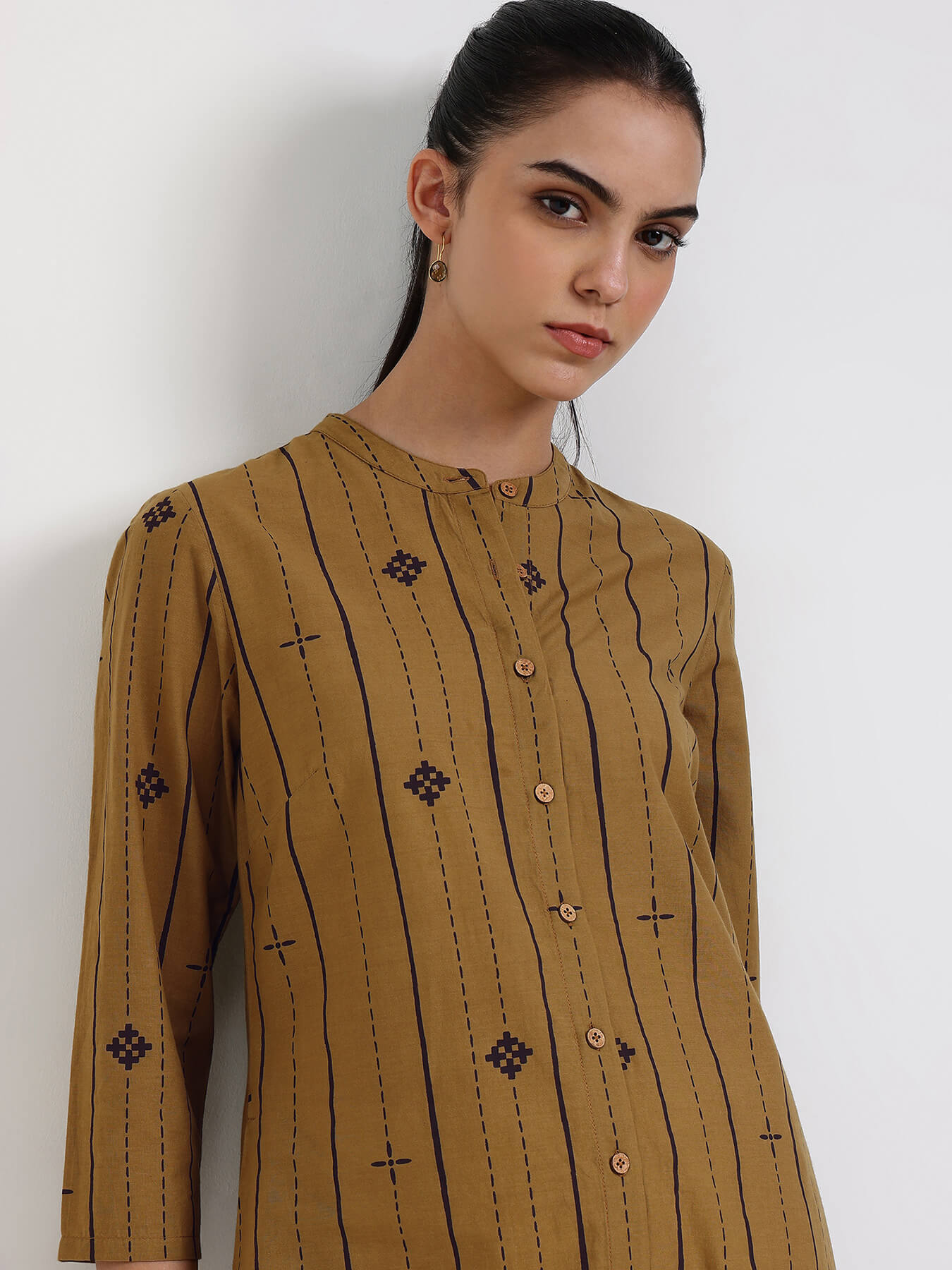 Cotton Striped Flared Kurta - Mustard