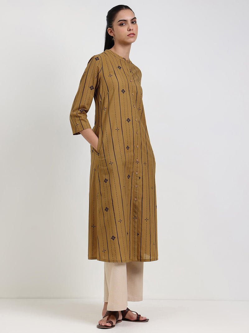 Cotton Striped Flared Kurta - Mustard