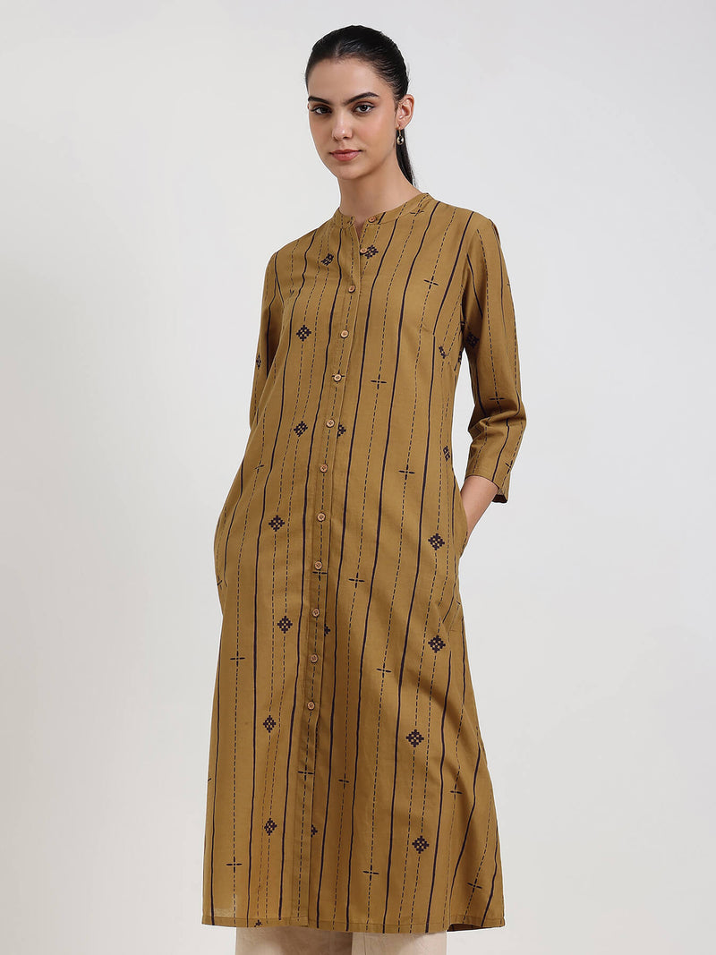 Cotton Striped Flared Kurta - Mustard
