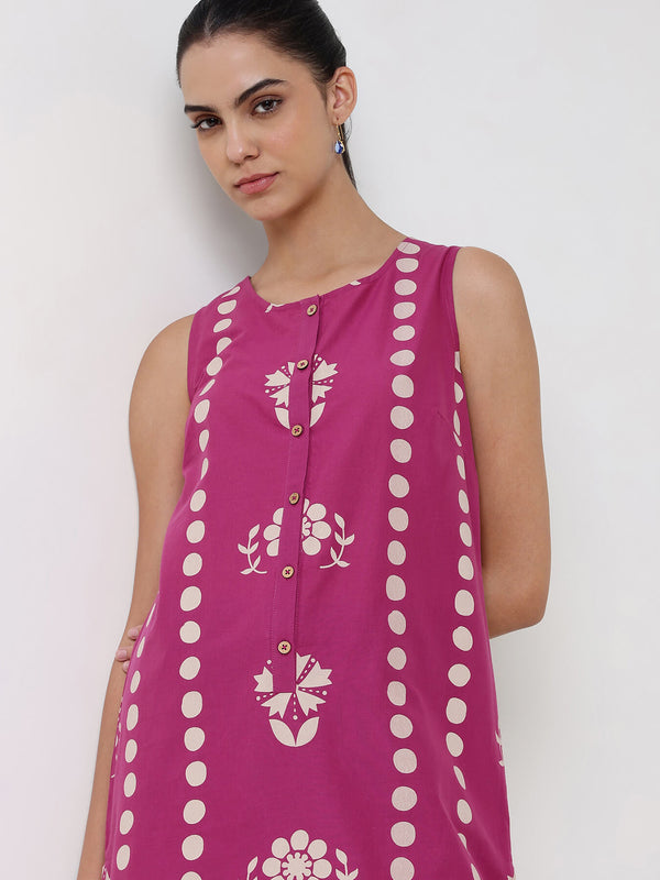 Cotton Round Neck Floral Straight Kurta - Magenta