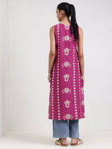 Cotton Round Neck Floral Straight Kurta - Magenta