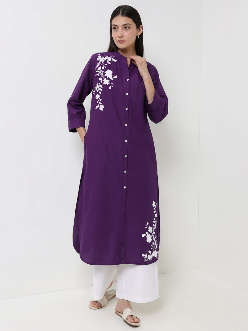 Cotton Floral Straight Kurta - Purple