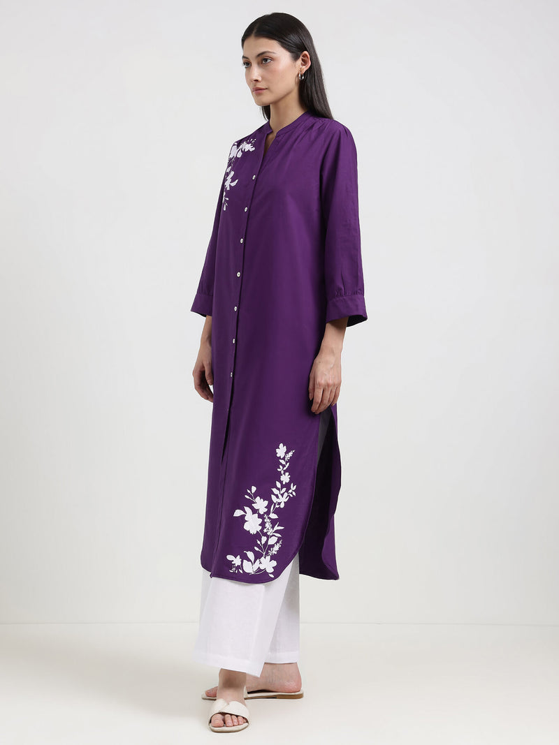 Cotton Floral Straight Kurta - Purple