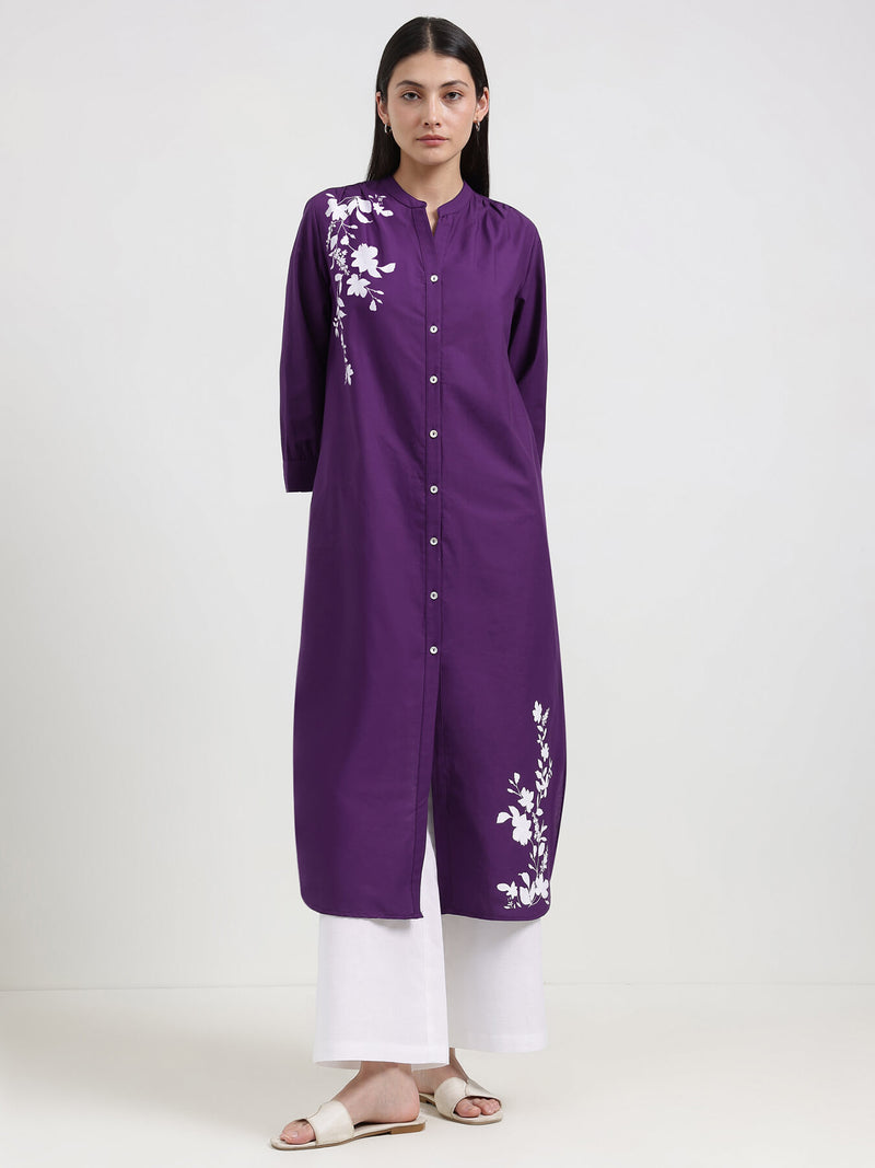 Cotton Floral Straight Kurta - Purple