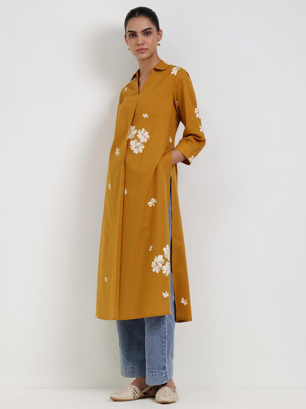 Cotton Floral Straight Kurta - Mustard
