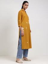 Cotton Floral Straight Kurta - Mustard