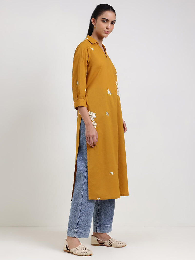 Cotton Floral Straight Kurta - Mustard