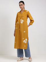 Cotton Floral Straight Kurta - Mustard
