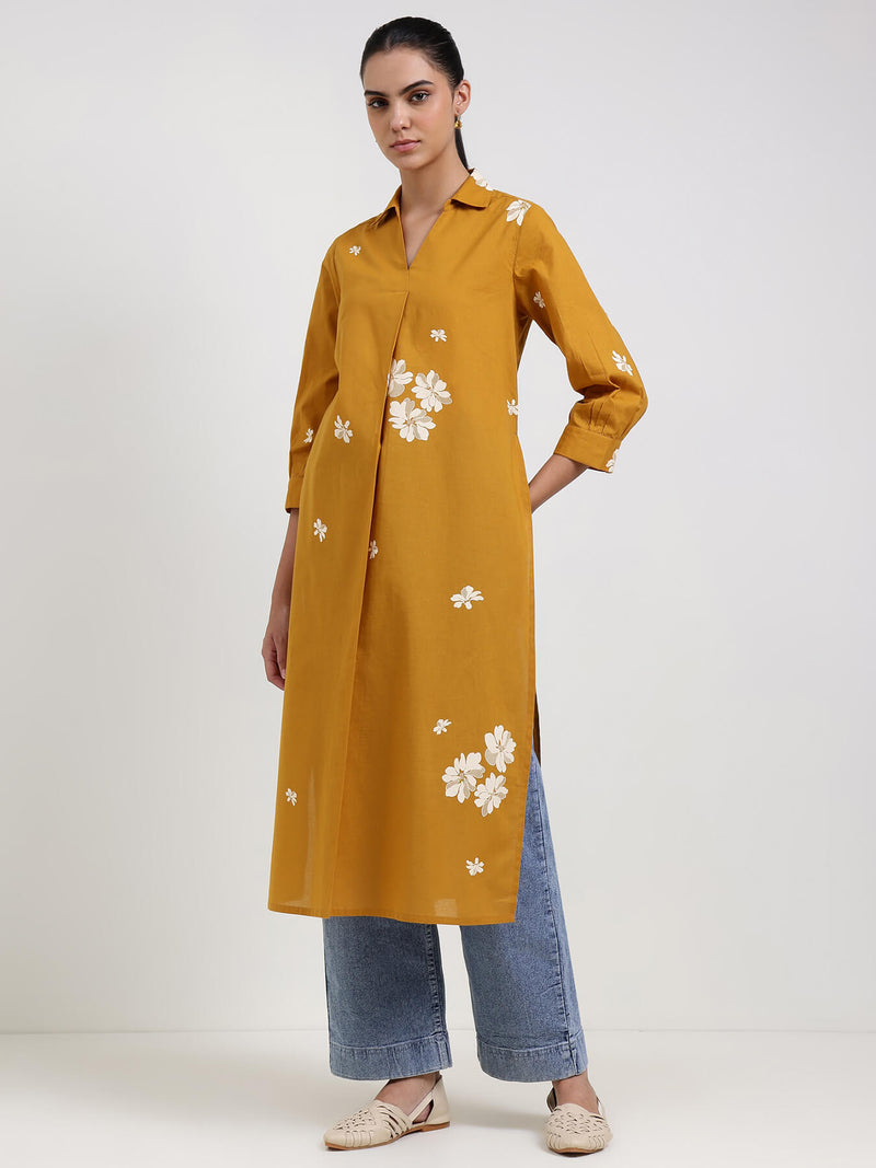 Cotton Floral Straight Kurta - Mustard