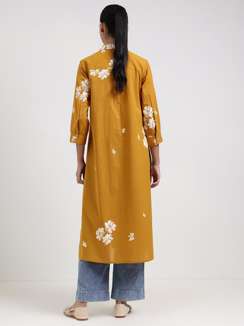 Cotton Floral Straight Kurta - Mustard