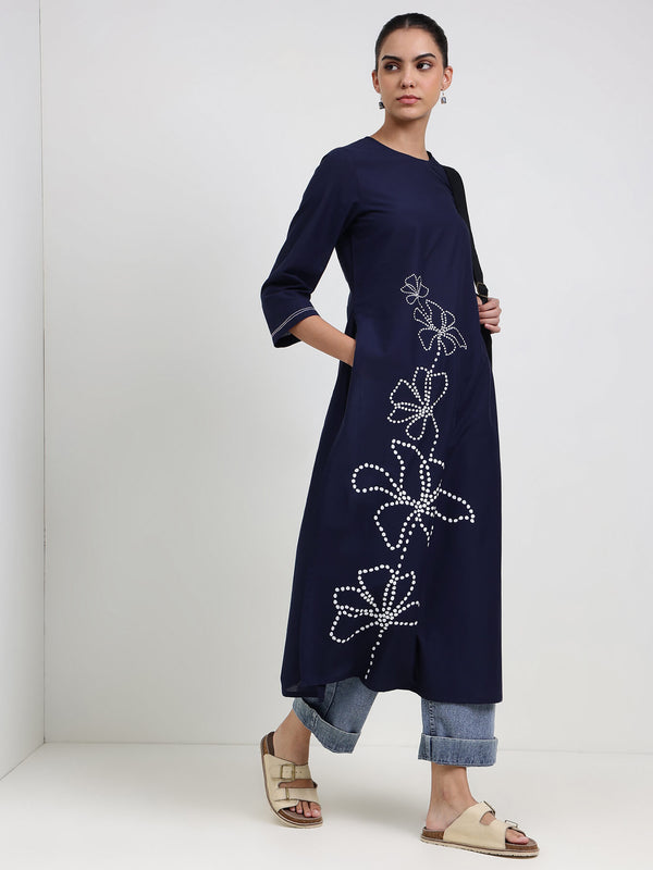 Cotton Floral Straight Kurta - Navy Blue