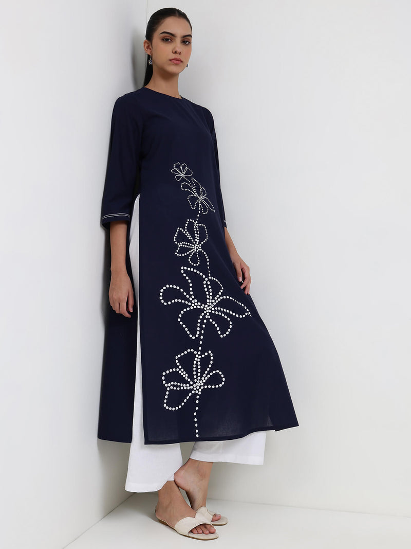Cotton Floral Straight Kurta - Navy Blue