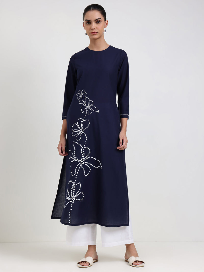 Cotton Floral Straight Kurta - Navy Blue